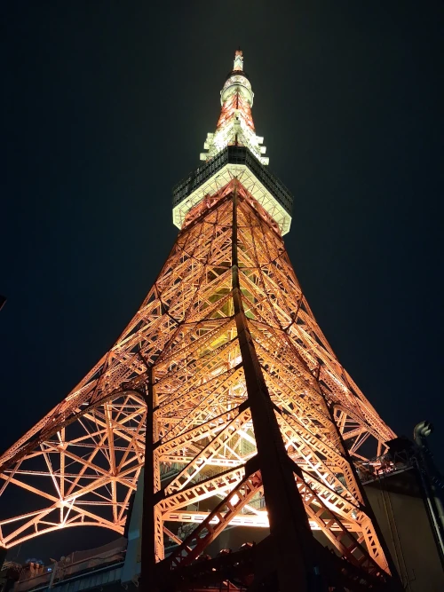 Tokyo Tower at night, close by.